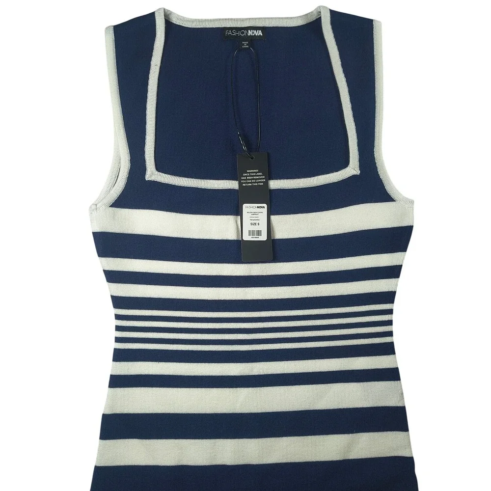 Fashion Nova Below Deck Capri Jumpsuit Navy Combo Striped Knit Size Small NWT